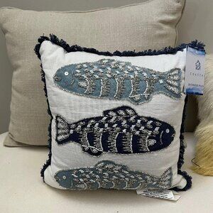 Nwt coastal decorative beaded blue fish pillow 12”x12”